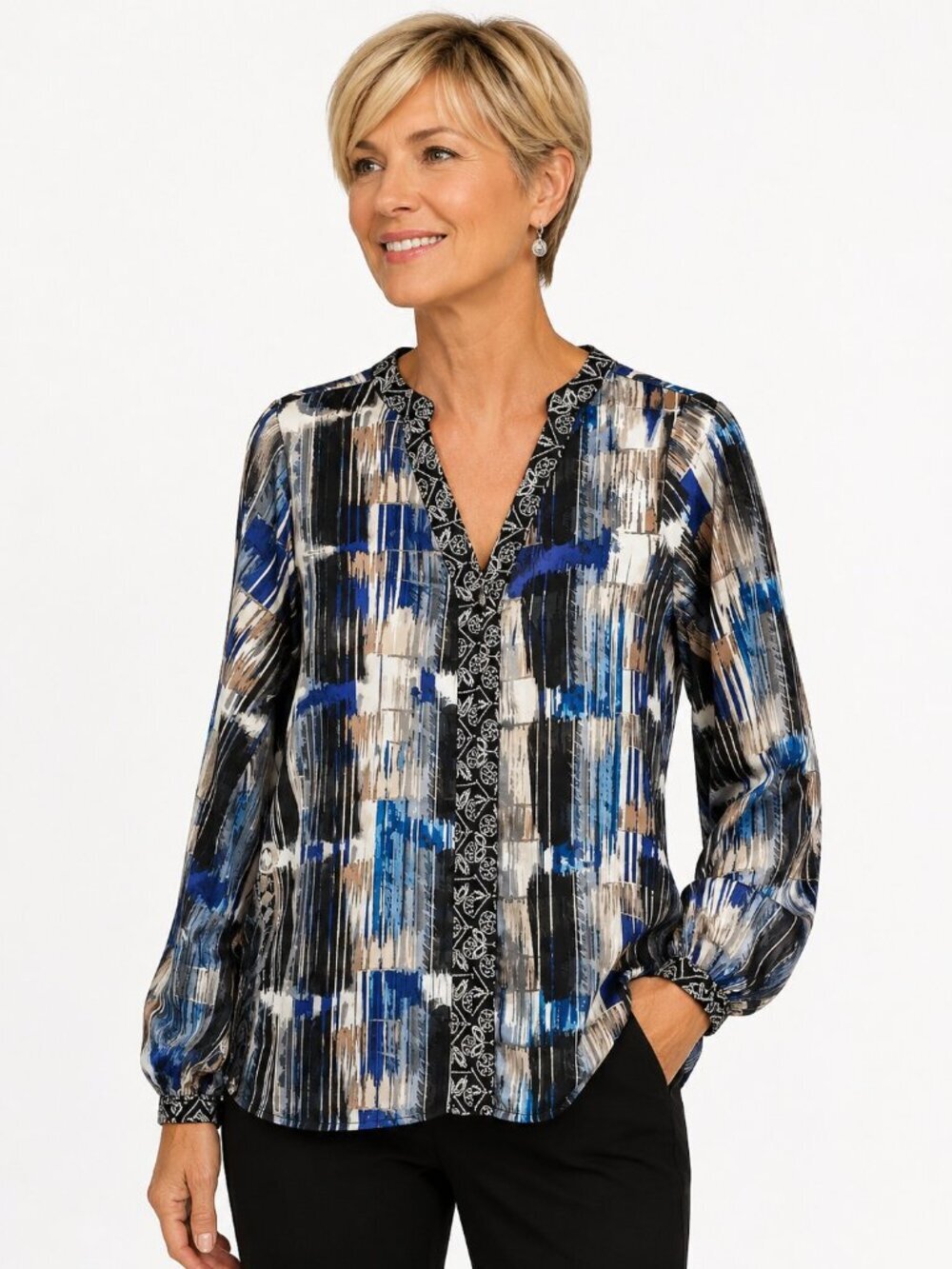 BKE Boutique Blue Abstract Print Crochet Trim Long Sleeve Top